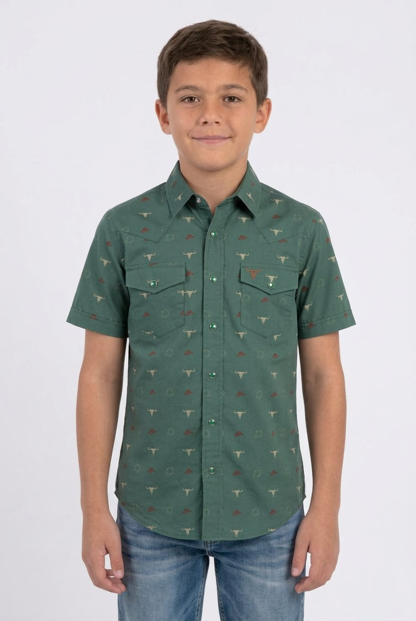 green kids longhorn icon western shirt platini front