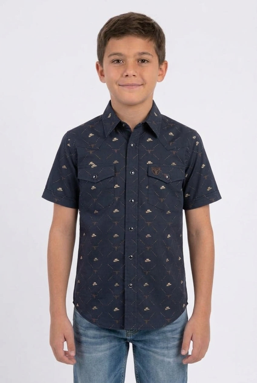 black kids longhorn icon western shirt platini front