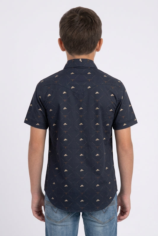 black kids longhorn icon western shirt platini back