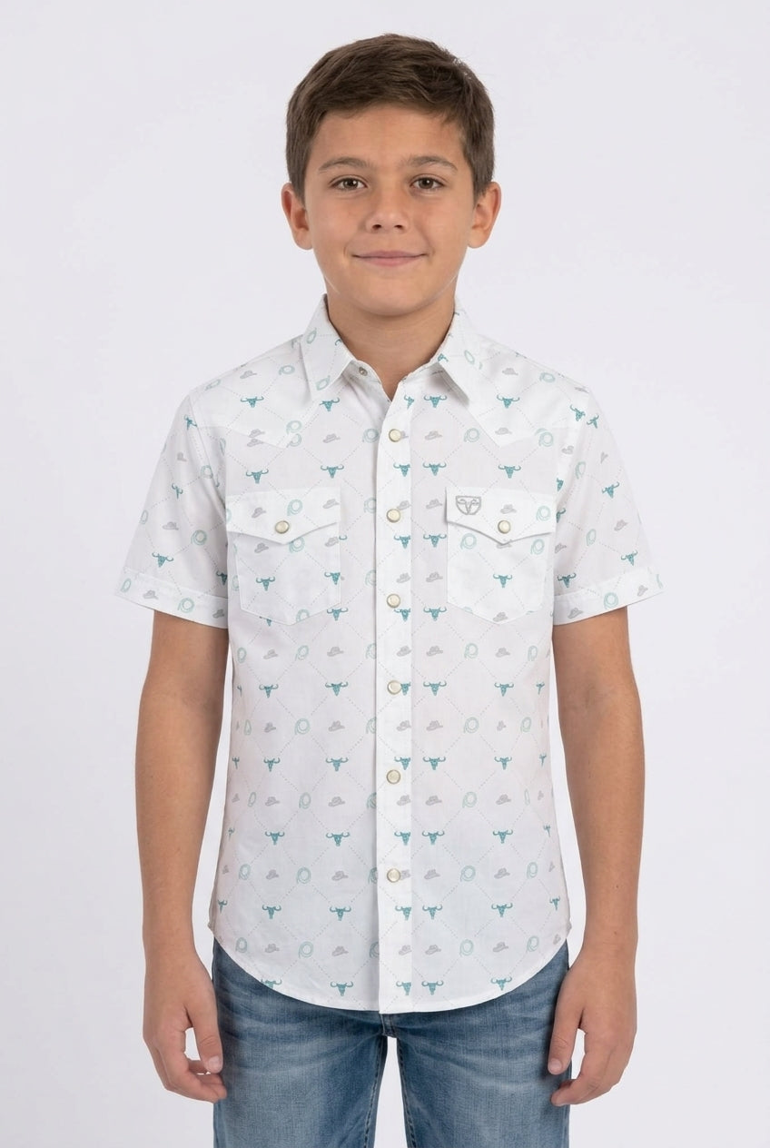 white kids longhorn icon western shirt platini front