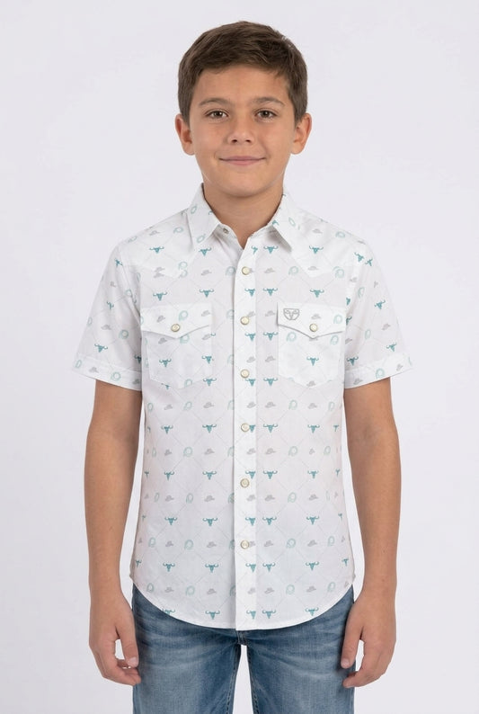 white kids longhorn icon western shirt platini front