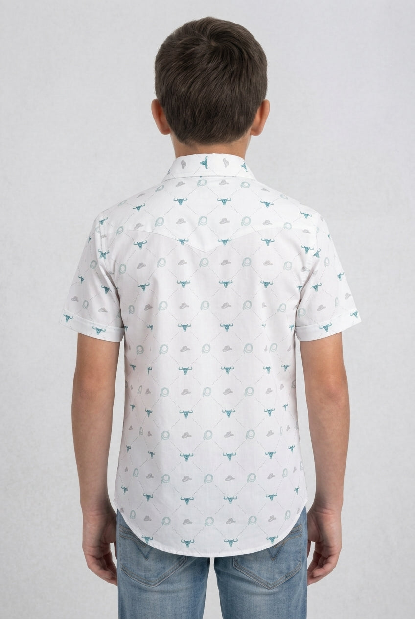 white kids longhorn icon western shirt platini back
