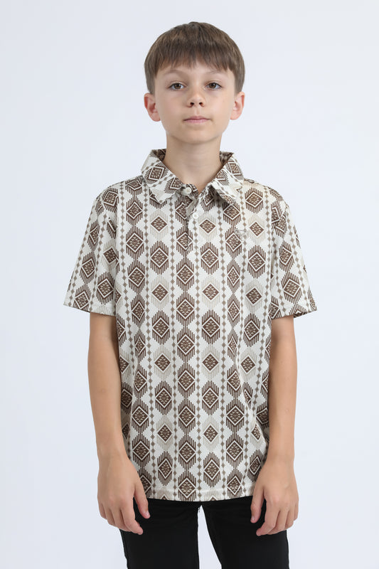 Kids Performance Fabric Modern Fit Stretch Aztec Print Beige Polo