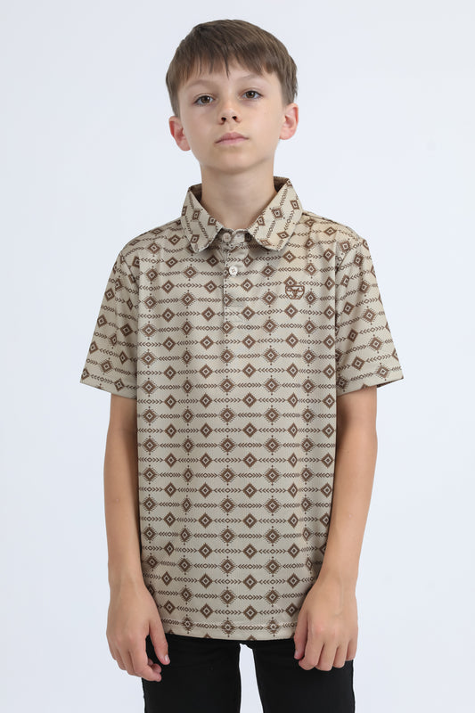 Kids Performance Fabric Modern Fit Stretch Aztec Print Beige Polo
