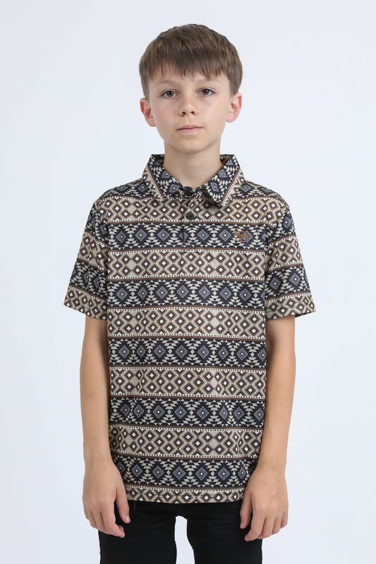 Kids Performance Fabric Modern Fit Stretch Aztec Print Black Polo