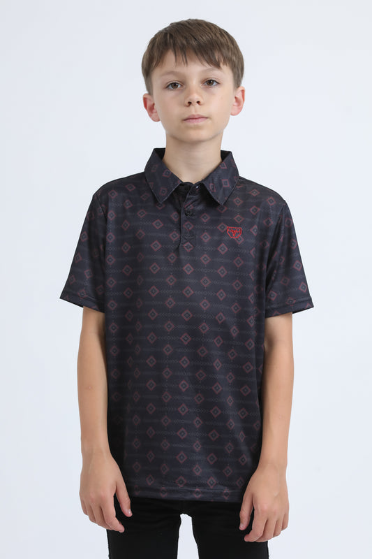 Kids Performance Fabric Modern Fit Stretch Aztec Print Black Polo