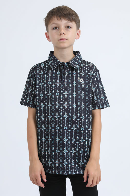 Kids Performance Fabric Modern Fit Stretch Aztec Print Black Polo