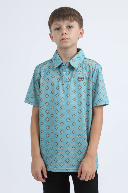 Kids Performance Fabric Modern Fit Stretch Aztec Print Blue Polo