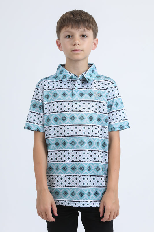 blue kids aztec performance polo iii front platini