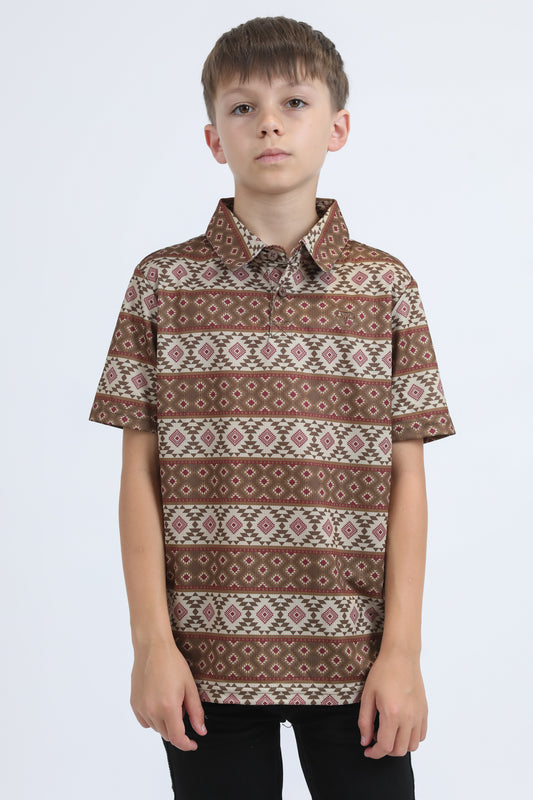 Kids Performance Fabric Modern Fit Stretch Aztec Print Brown Polo
