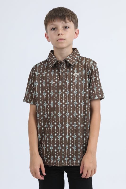 Kids Performance Fabric Modern Fit Stretch Aztec Print Brown Polo