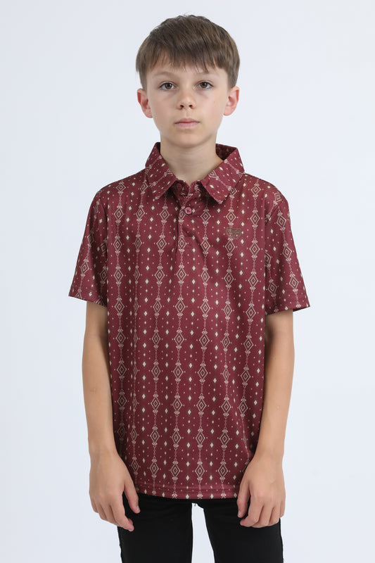 Kids Performance Fabric Modern Fit Stretch Aztec Print Red Polo