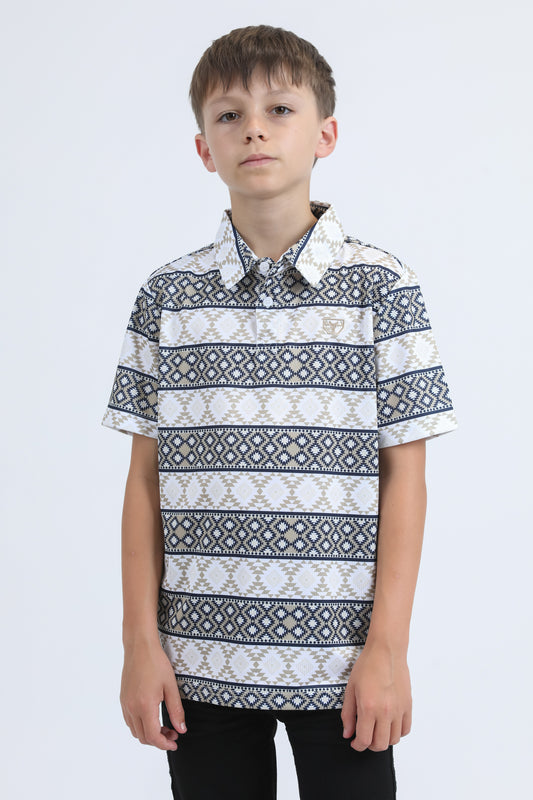 Kids Performance Fabric Modern Fit Stretch Aztec Print White Polo