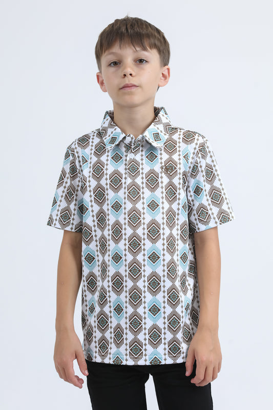 Kids Performance Fabric Modern Fit Stretch Aztec Print White Polo