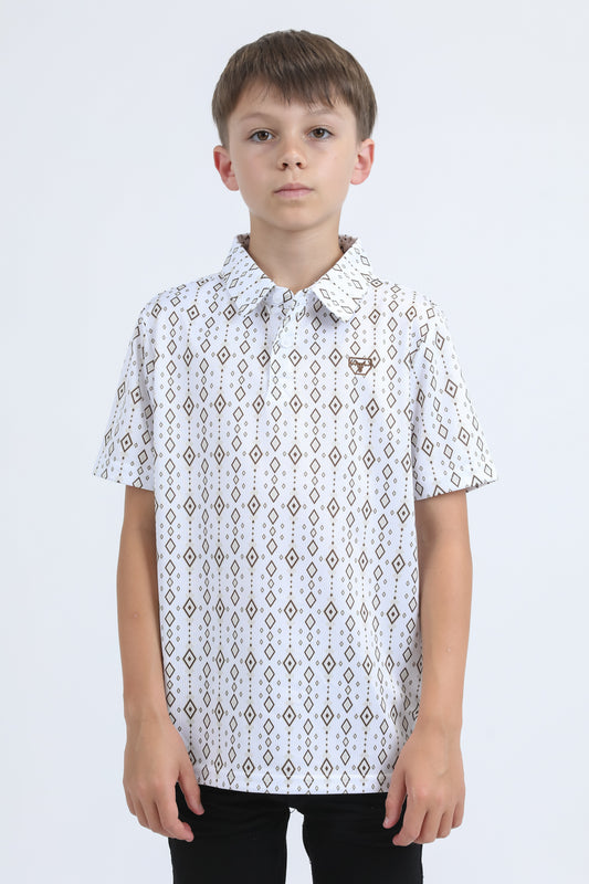 Kids Performance Fabric Modern Fit Stretch Aztec Print White Polo