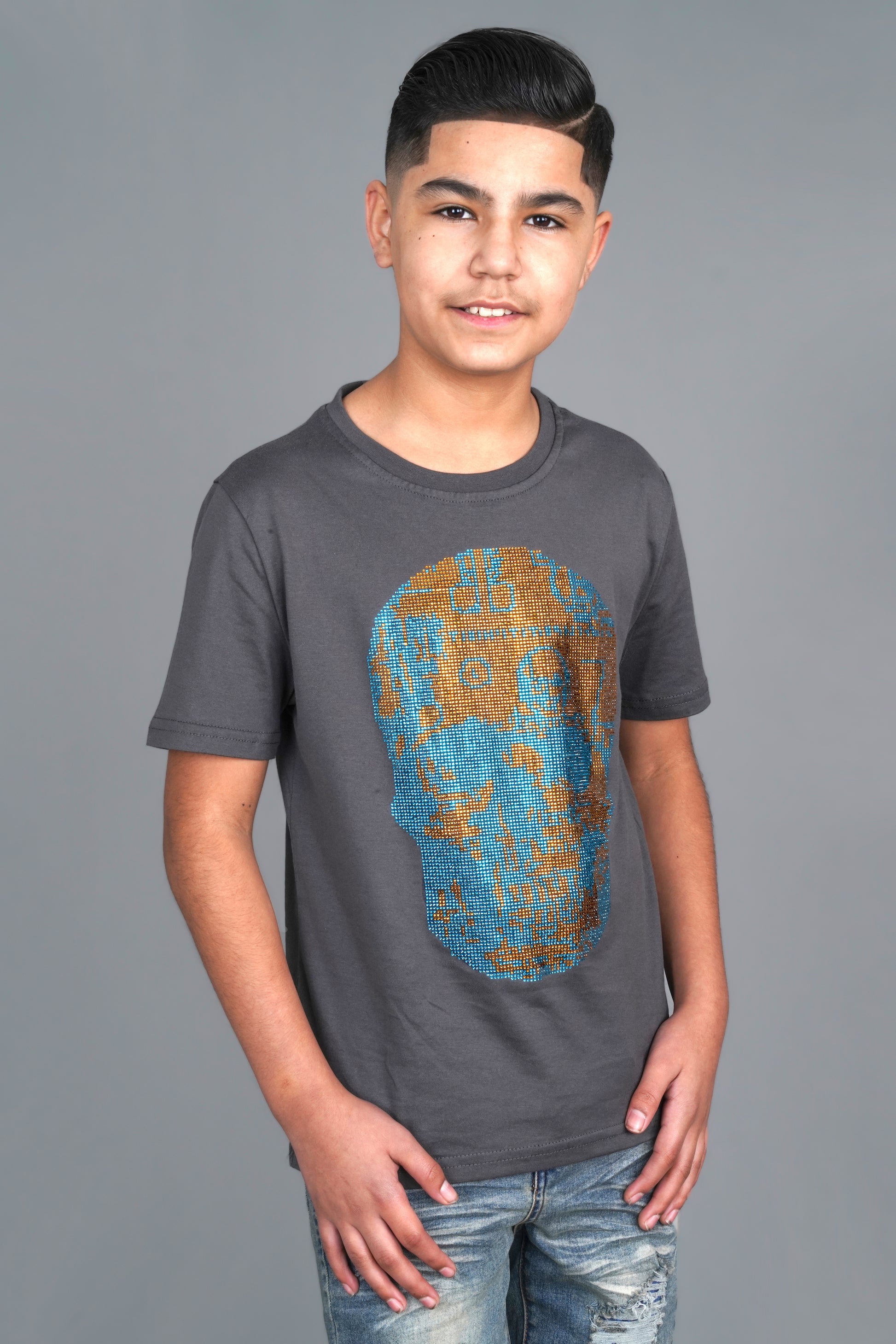 charcoal skull diamonds rhinestone kids tee front platini