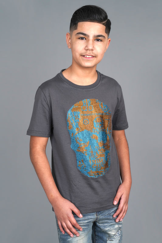 charcoal skull diamonds rhinestone kids tee front platini