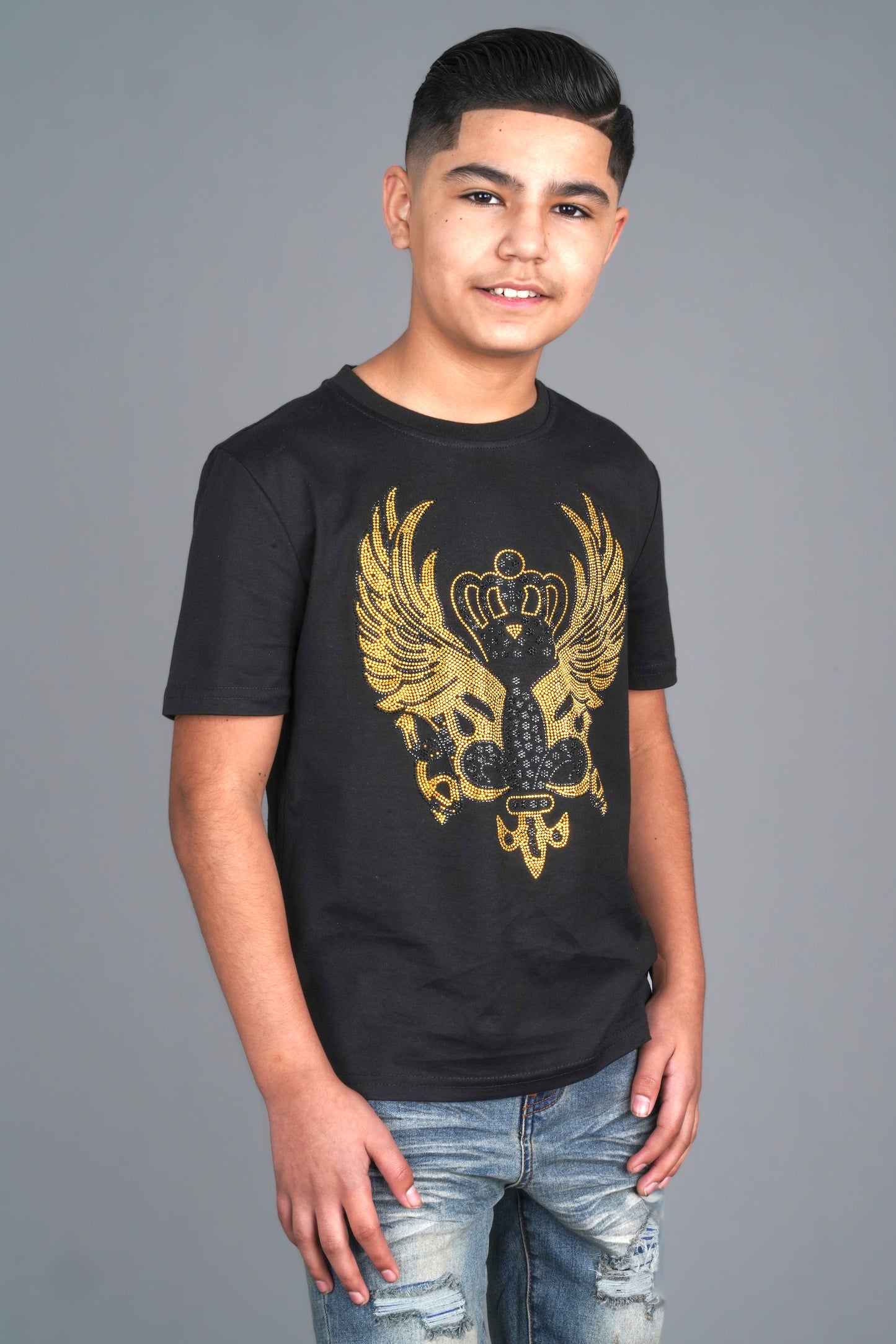 black feline crest rhinestone kids tee front platini