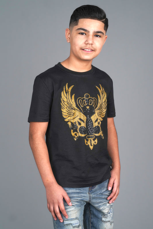 black feline crest rhinestone kids tee front platini