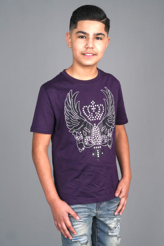 purple feline crest rhinestone kids tee front platini