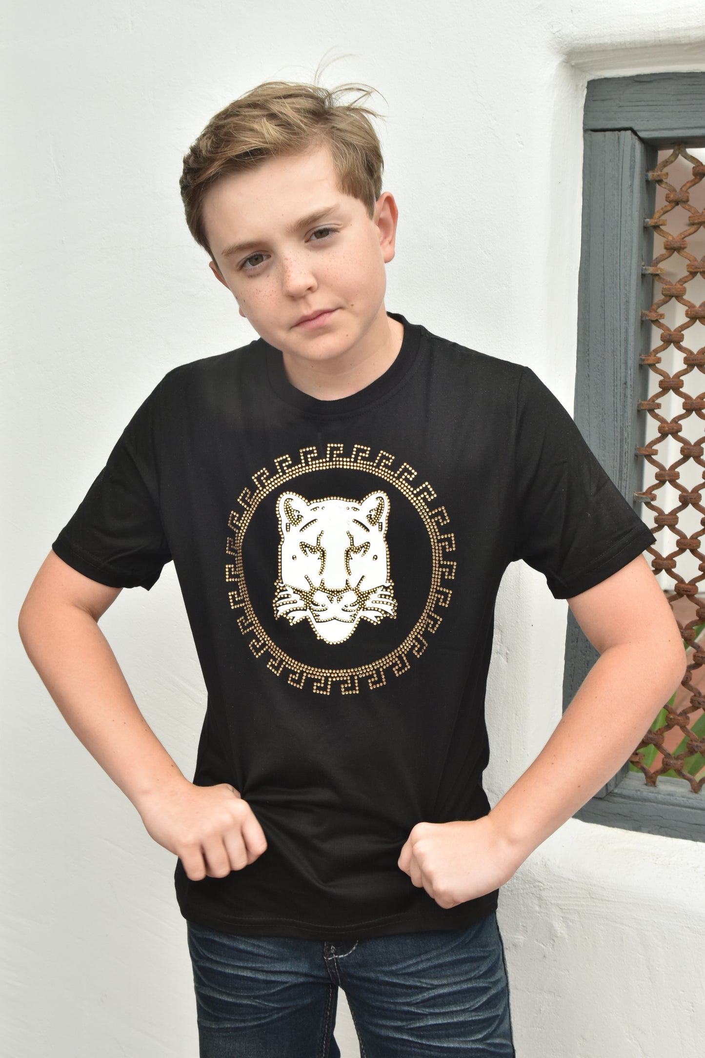 black royal emblem rhinestone kids tee front platini
