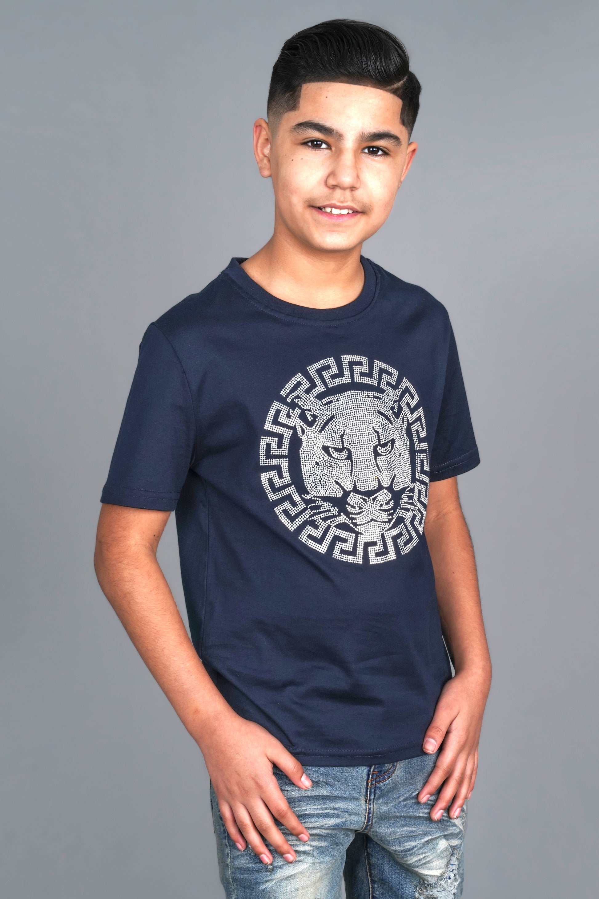 navy bold graphic rhinestone kids tee front platini