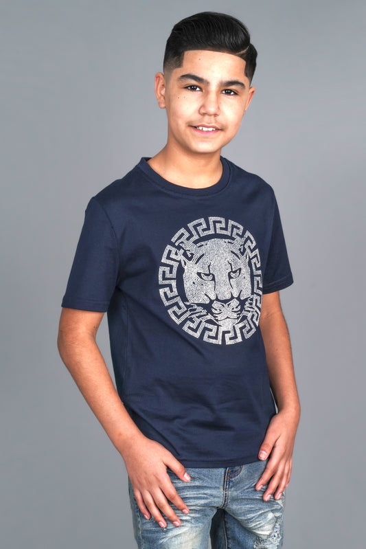 navy bold graphic rhinestone kids tee front platini