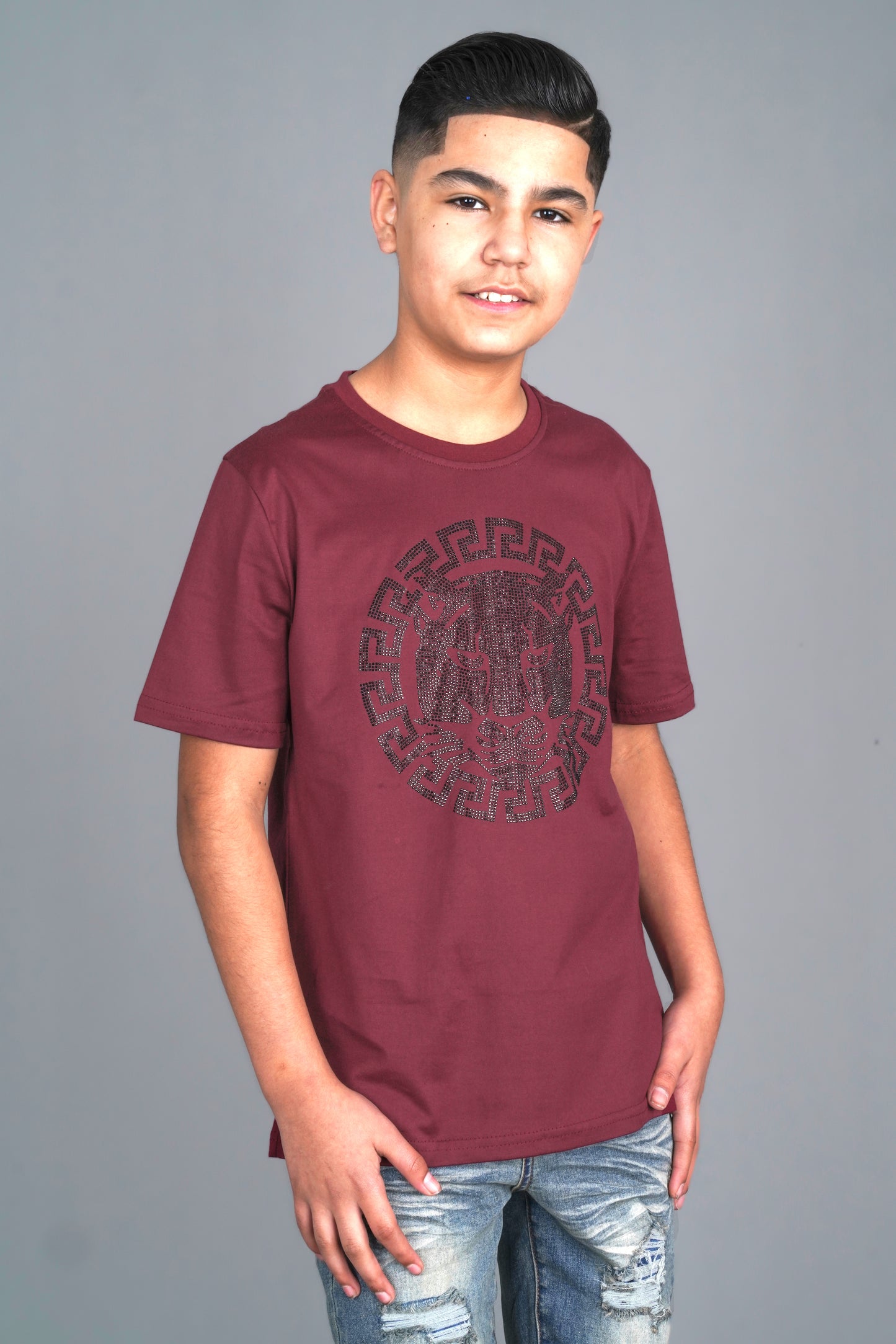 wine bold graphic rhinestone kids tee front platini