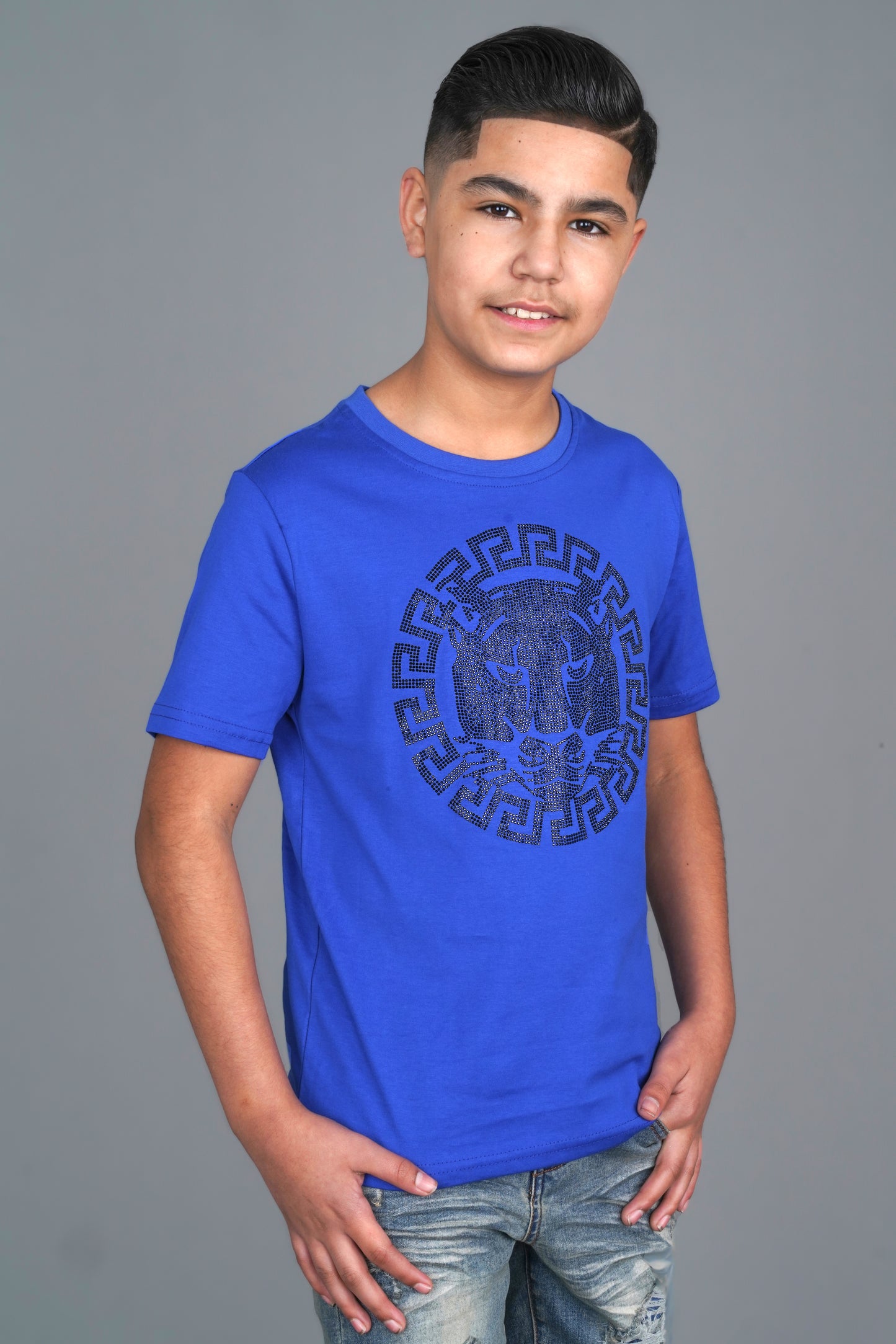 royal blue bold graphic rhinestone kids tee front platini