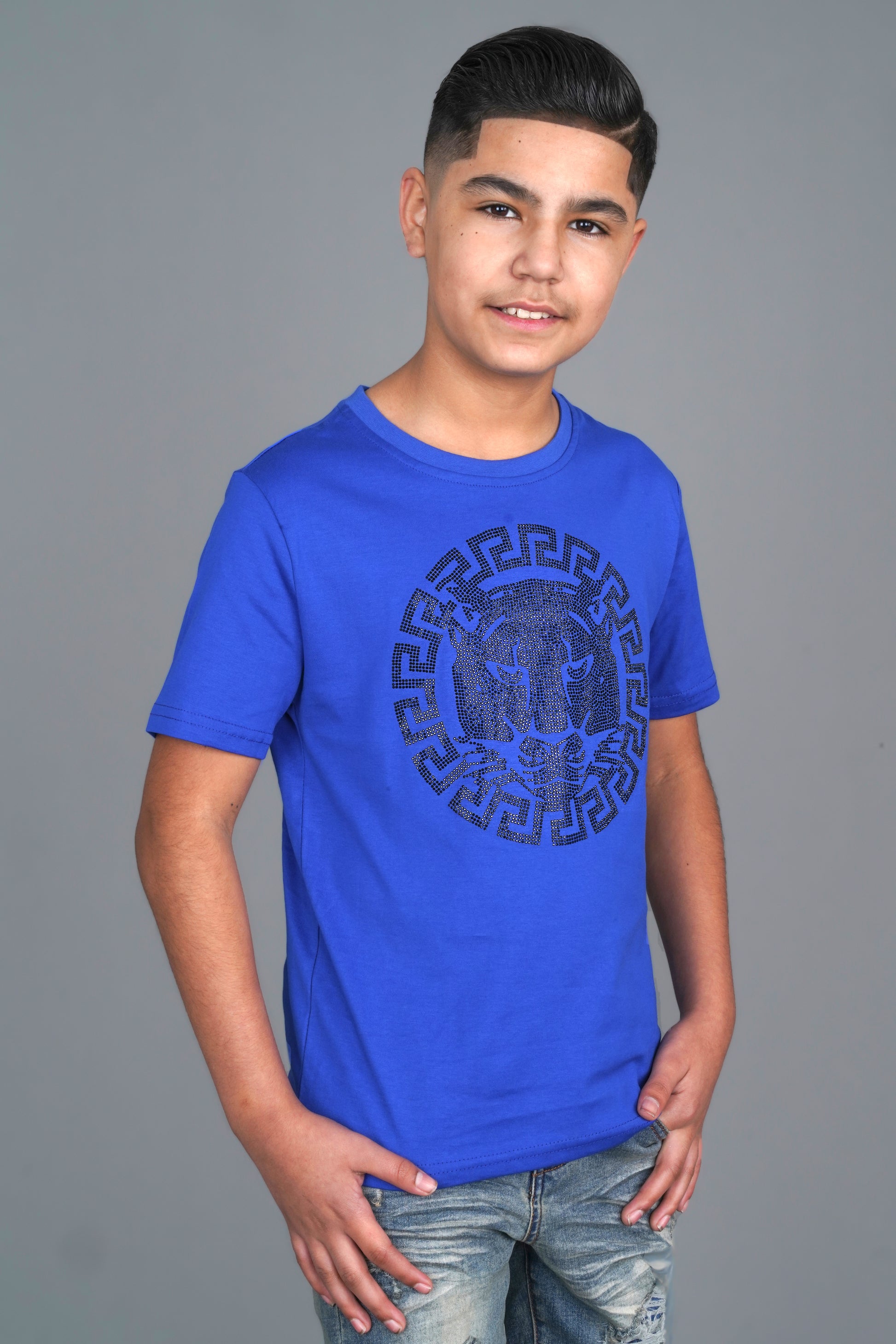 royal blue bold graphic rhinestone kids tee front platini