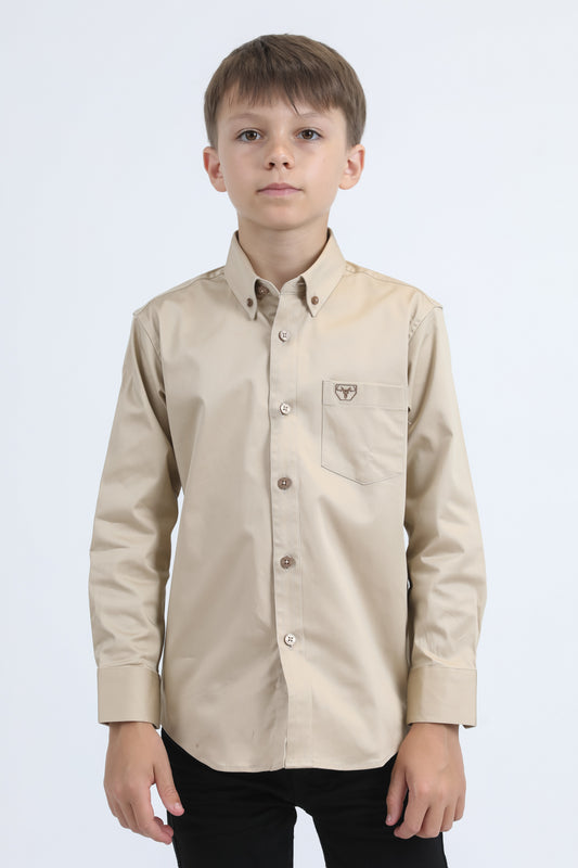 Kid´s Single Pocket Logo Modern Fit Stretch Beige Dress Shirt