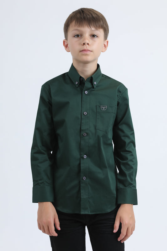 Kid´s Single Pocket Logo Modern Fit Stretch Green Dress Shirt