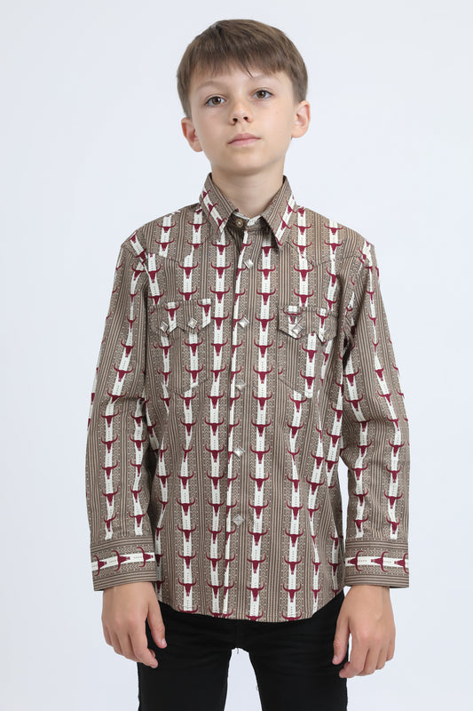 Kid's Western Modern Fit Cotton/Spandex Long Sleeve Beige Shirt with Snaps