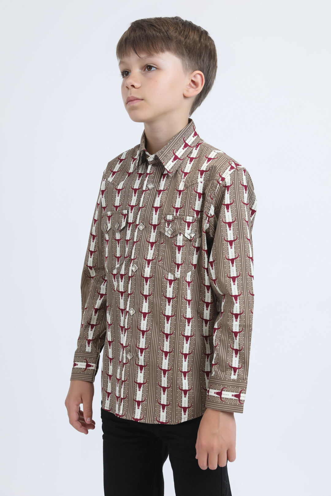 Kid's Western Modern Fit Cotton/Spandex Long Sleeve Beige Shirt with Snaps