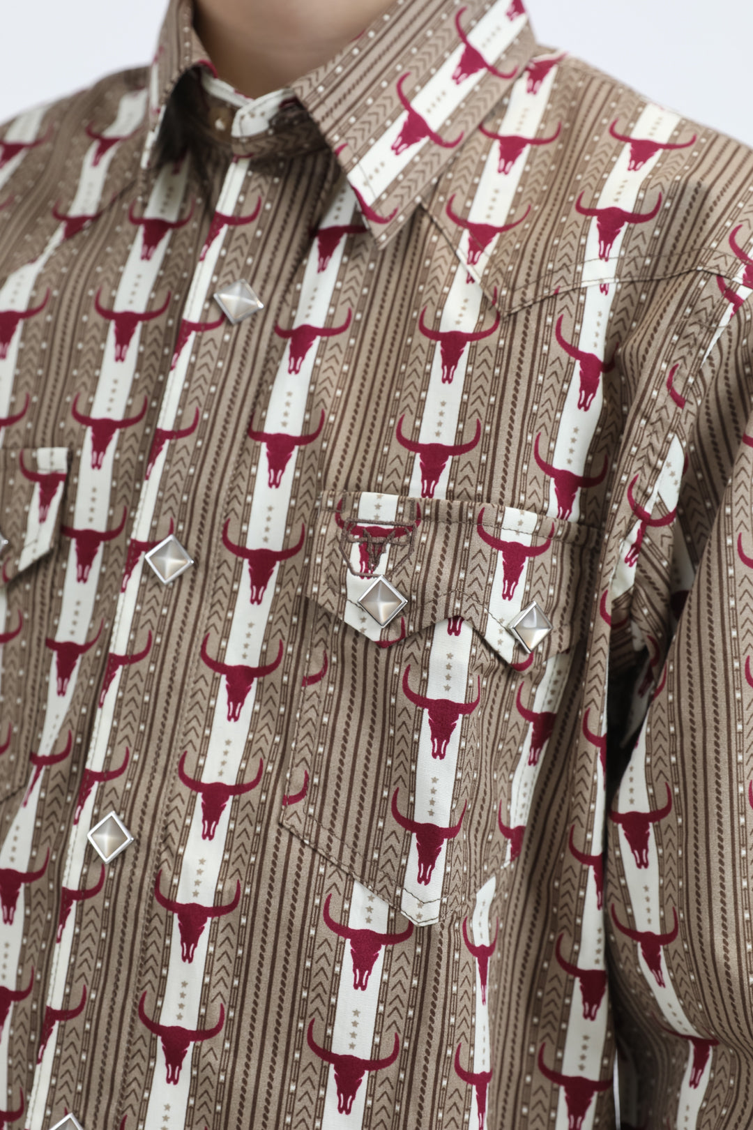 Kid's Western Modern Fit Cotton/Spandex Long Sleeve Beige Shirt with Snaps