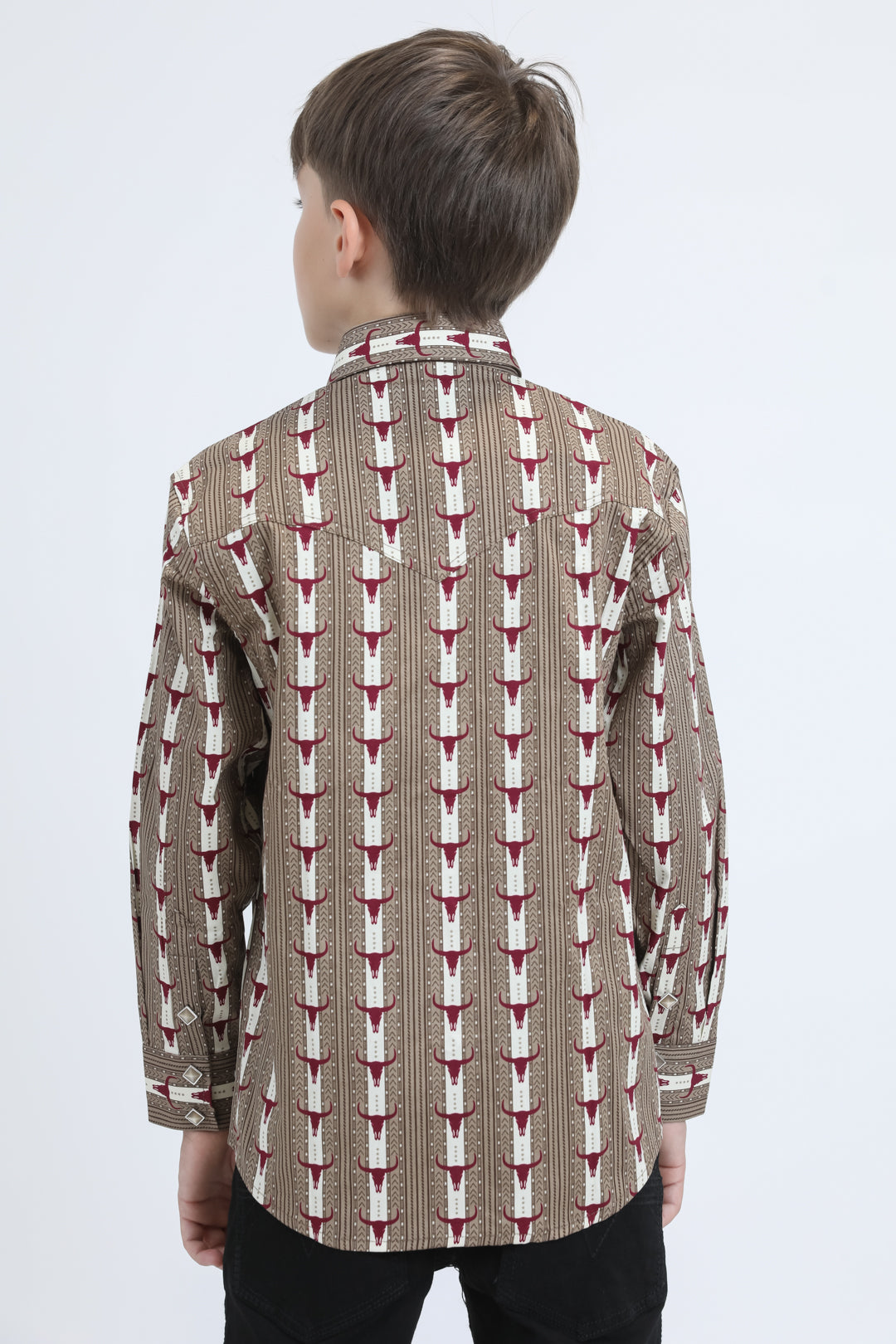 Kid's Western Modern Fit Cotton/Spandex Long Sleeve Beige Shirt with Snaps
