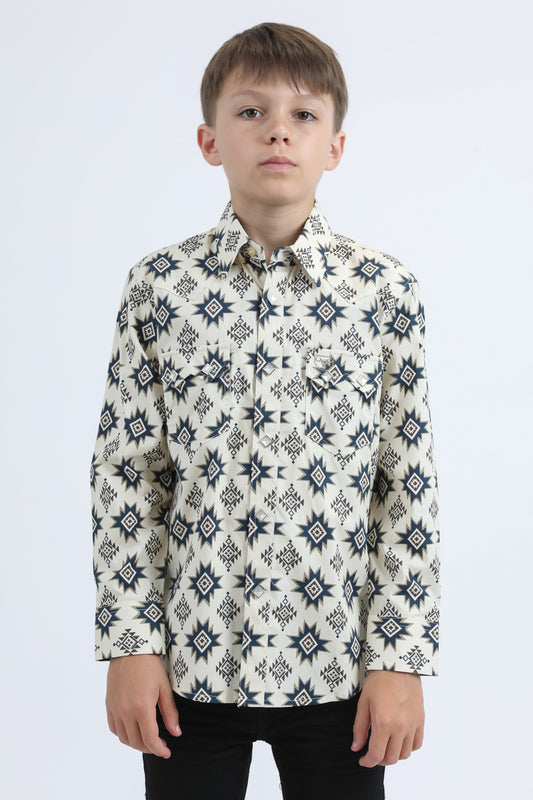 Kid's Western Modern Fit Cotton/Spandex Long Sleeve Beige Shirt with Snaps