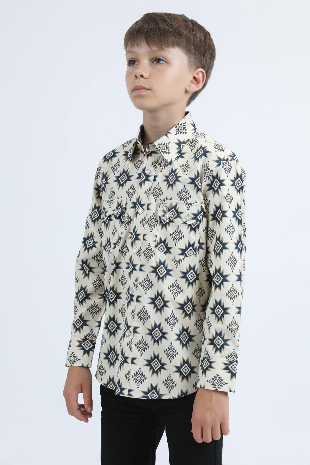 Kid's Western Modern Fit Cotton/Spandex Long Sleeve Beige