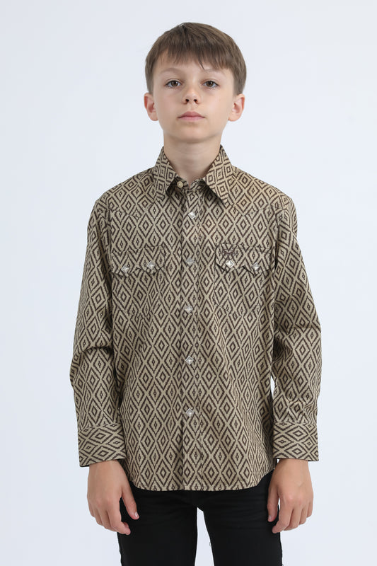 Kid's Western Modern Fit Cotton/Spandex Long Sleeve Beige Shirt with Snaps