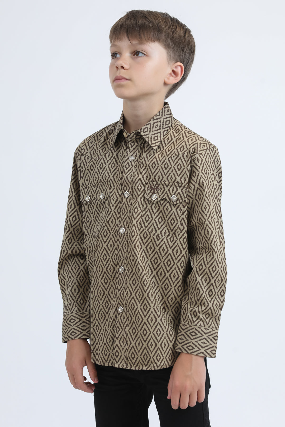 Kid's Western Modern Fit Cotton/Spandex Long Sleeve Beige Shirt with Snaps