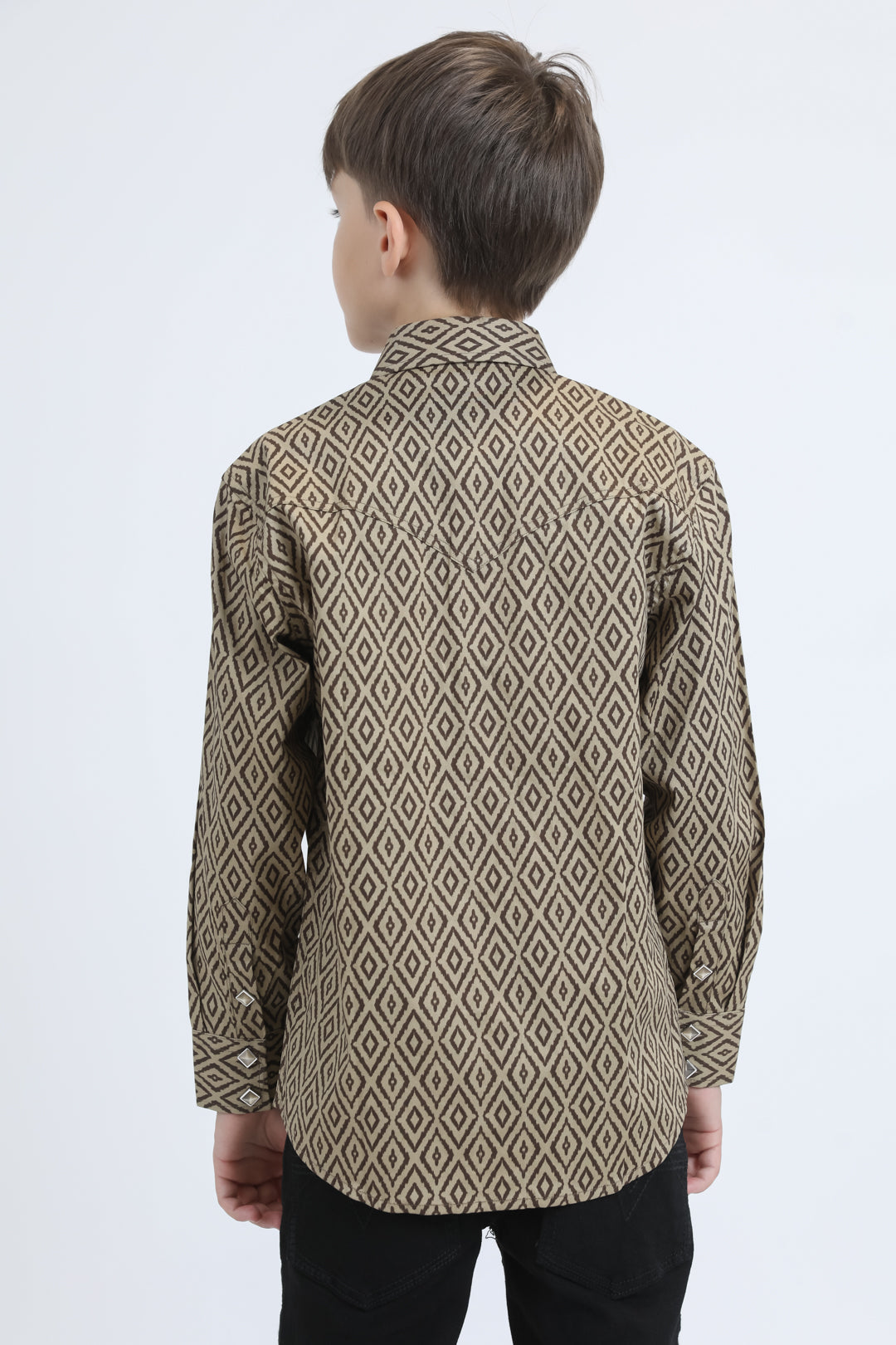 Kid's Western Modern Fit Cotton/Spandex Long Sleeve Beige Shirt with Snaps