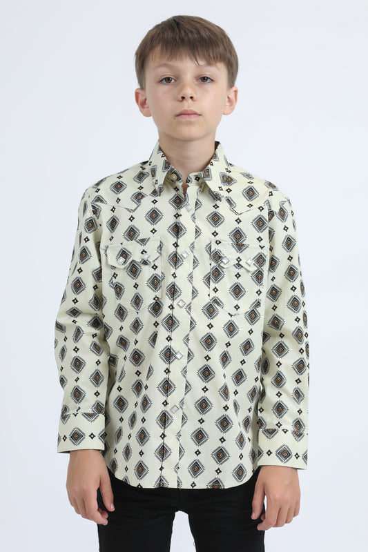 Kid's Western Modern Fit Cotton/Spandex Long Sleeve Beige Shirt with Snaps