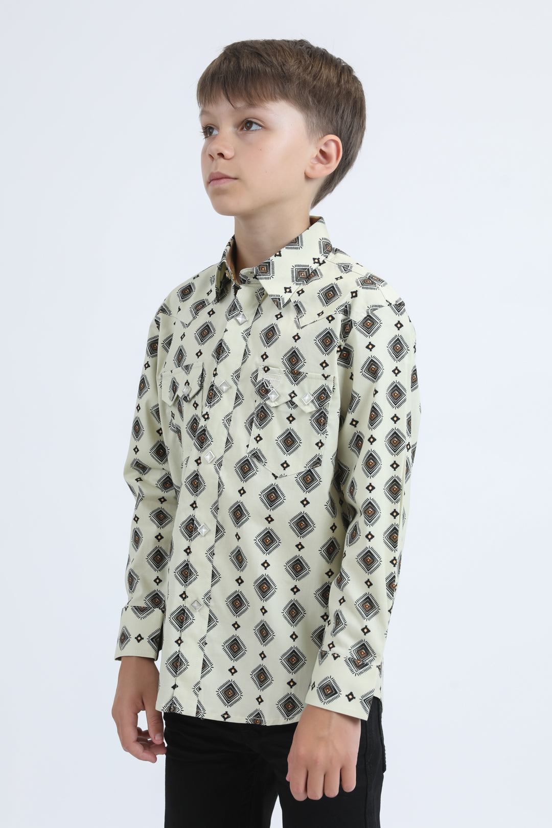 Kid's Western Modern Fit Cotton/Spandex Long Sleeve Beige Shirt with Snaps