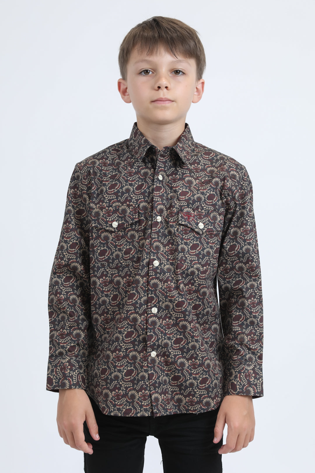 Kid's Western Modern Fit Cotton/Spandex Long Sleeve Black Shirt with Snaps