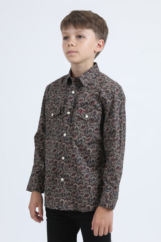 Kid's Western Modern Fit Cotton/Spandex Long Sleeve Black Shirt with Snaps