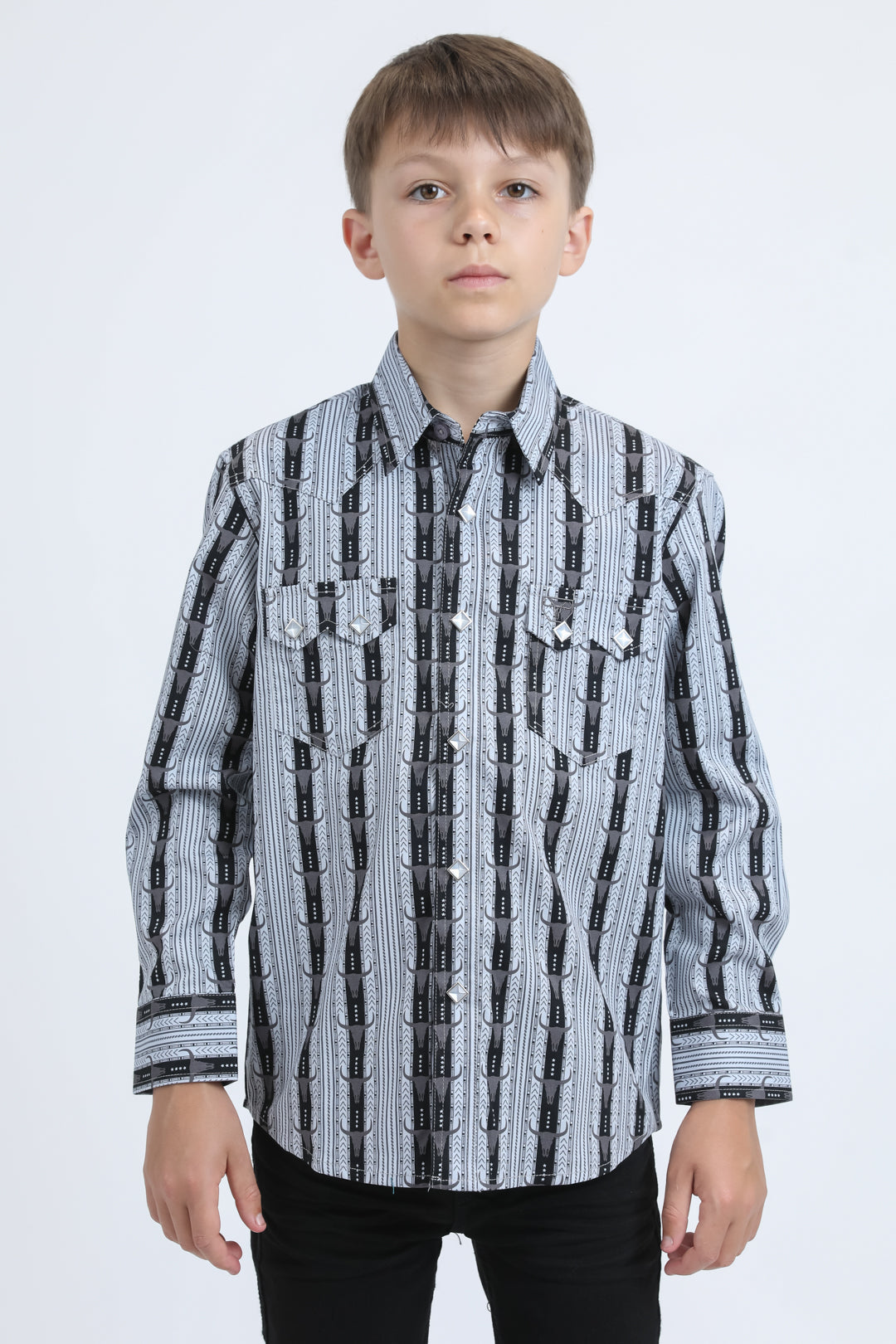 Kid's Western Modern Fit Cotton/Spandex Long Sleeve Black Shirt with Snaps