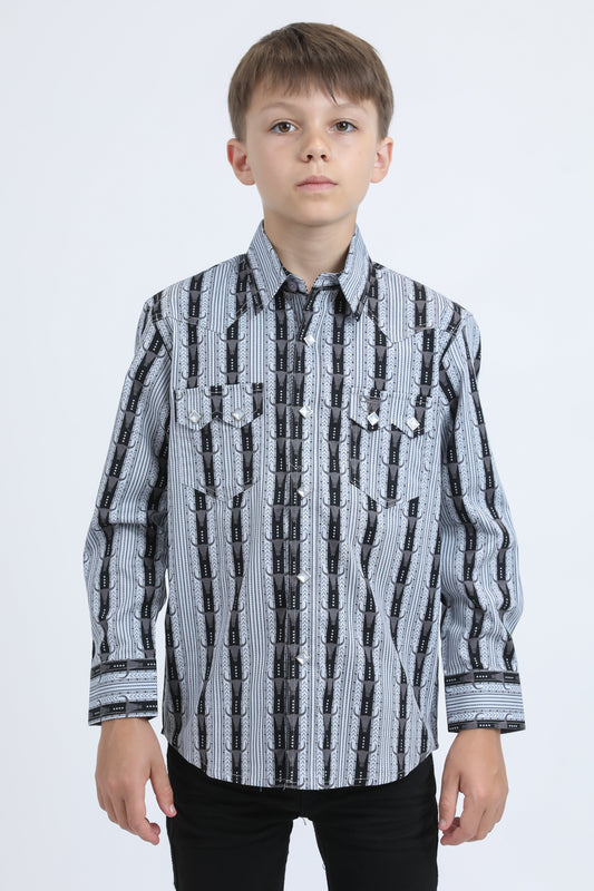Kid's Western Modern Fit Cotton/Spandex Long Sleeve Black Shirt with Snaps