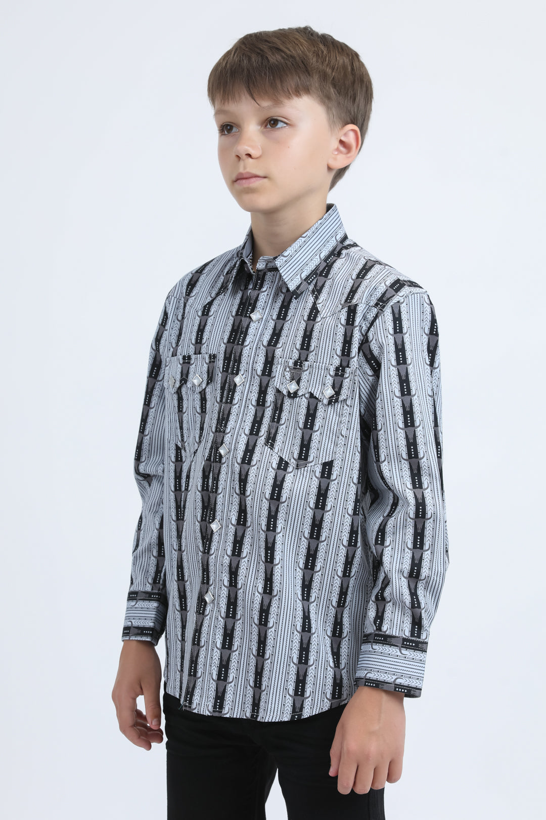 Kid's Western Modern Fit Cotton/Spandex Long Sleeve Black Shirt with Snaps