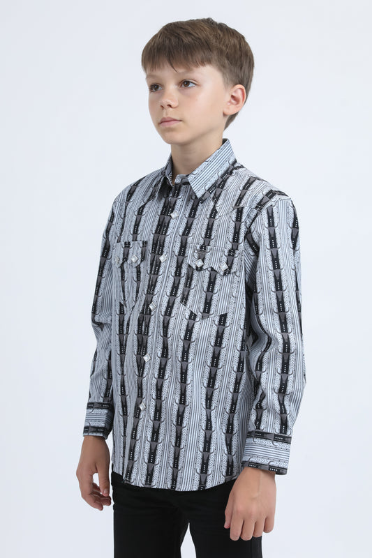Kid's Western Modern Fit Cotton/Spandex Long Sleeve Black Shirt with Snaps