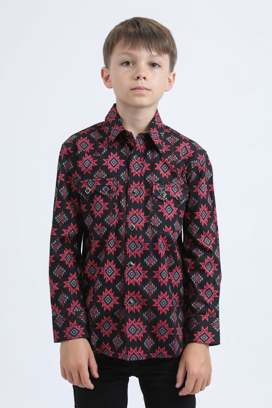 Kid's Western Modern Fit Cotton/Spandex Long Sleeve Black Shirt with Snaps